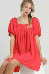 Umgee Full Size Squared Neck Puff Sleeve Mini Dress Plus Size Red OutfitFlow